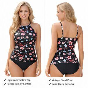 XS Black Pink Floral Print Tankini Set High Neck Tummy Control 2 Piece NWT